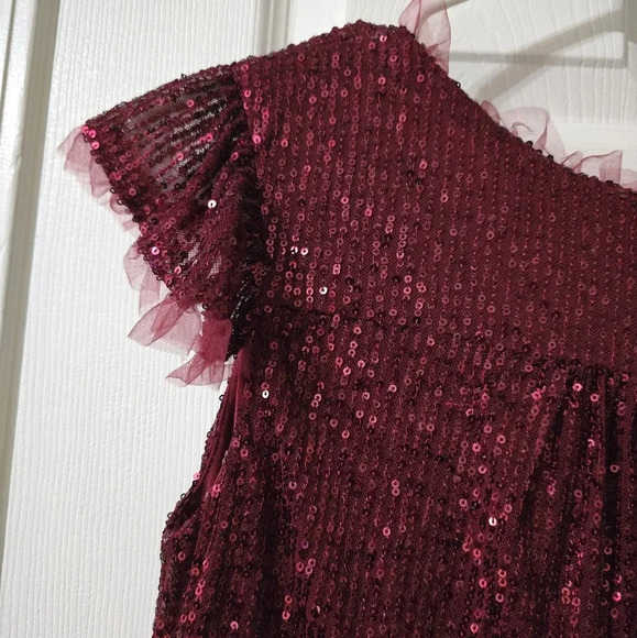 NWT M By MNK Sequined Babydoll Mini Party Dress in Burgundy, Tulle Trim Details. - Picture 12 of 15